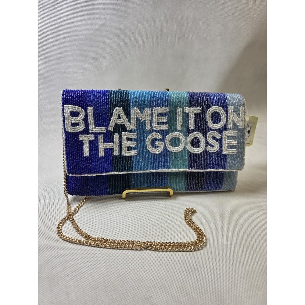 NWT BLAME IT ON THE GOOSE Blue Stripe Beaded Flap-Over Clutch Shoulder Bag Purse